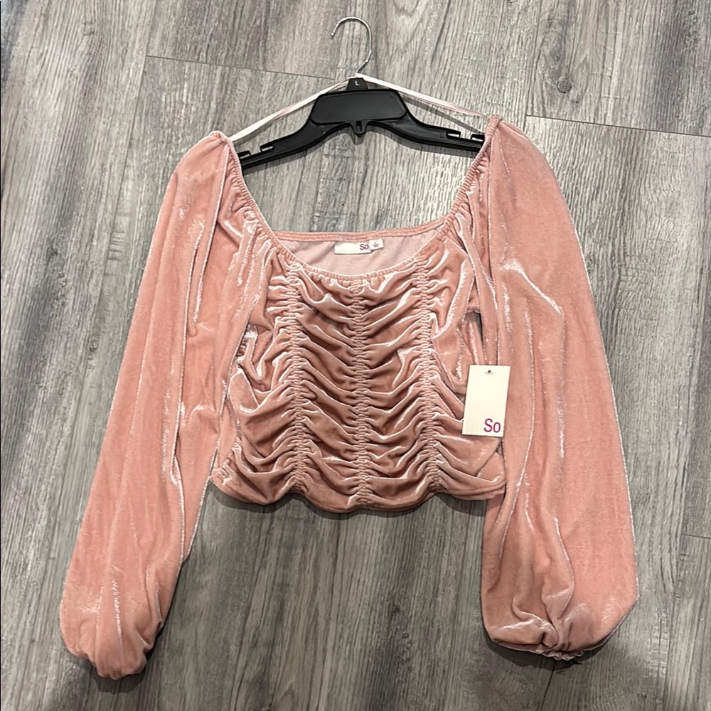 SO Pink Puff Sleeve Ruched Crop Blouse
